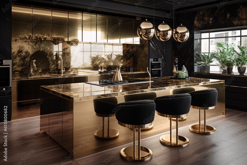 Interior of modern luxury kitchen with black and gold walls, wooden ...