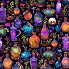 Poster - Seamless pattern with witch potions magic