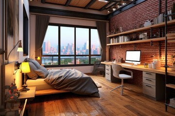 Poster - Loft-style bedroom interior with computer and office supplies on desk. Generative AI