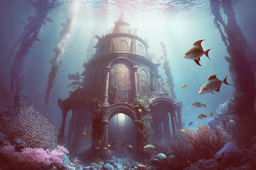 Wall Mural - Fantasy underwater seascape with lost city temple ruins. Generative AI