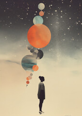 Minimalistic collage of a galaxy with multiple planets in a raw, stars at the background and a human. Collage-style paintings