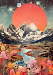 Wall Mural - minimalist collage of big planet, snowy mountain peaks, river and plants, fragmented planes, collage
