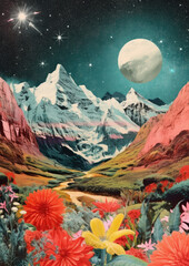 Wall Mural - minimalist collage cut with snowy mountains, clear sky and the road with plants at the foreground. f