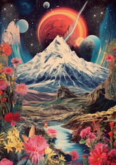 Wall Mural - minimalist collage of big red planet and other planets with snowy mountain, river and plants, fragme