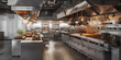 © Tanuha - Industrial kitchen. Restaurant kitchen. Modern shiny kitchen with stainless steel utensils and restaurant cooking equipment with prep tables, pans, pots, stoves.