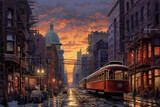Fototapeta Londyn - sunset cityscapes with tram