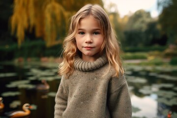 Close-up portrait photography of a cheerful child female that is wearing a cozy sweater against a tranquil park with a pond and ducks background .  Generative AI