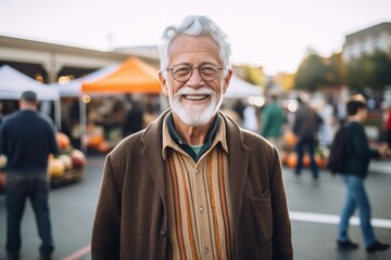 Wall Mural - Portrait of smiling senior man with grey hair and eyeglasses looking at camera while standing at farmers market