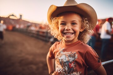 Portrait of a smiling little girl in a cowboy hat on a ranch