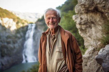 Wall Mural - Portrait of happy senior man standing in front of waterfall in mountains