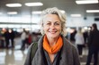 © Leon Waltz - Medium shot portrait photography of a grinning woman in her 50s that is wearing a chic cardigan against a bustling airport terminal with passengers and flights background .  Generative AI