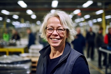 Medium shot portrait photography of a grinning woman in her 50s that is wearing a chic cardigan against a busy factory assembly line with workers background .  Generative AI