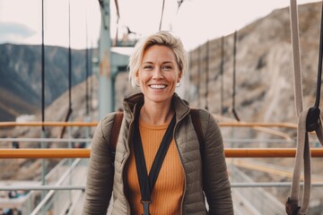 Wall Mural - Medium shot portrait photography of a pleased woman in her 40s that is wearing a chic cardigan against an adrenaline-pumping bungee jumping platform background .  Generative AI