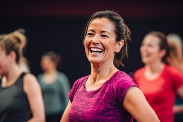 Medium shot portrait photography of a pleased woman in her 40s that is wearing a comfortable tracksuit against an energetic zumba class with participants dancing background .  Generative AI