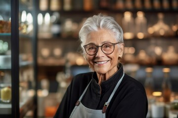 Medium shot portrait photography of a grinning woman in her 70s that is wearing a chic cardigan against a well-stocked gourmet kitchen with a chef at work background .  Generative AI