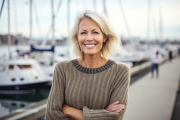 Wall Mural - Portrait of smiling mature woman standing with arms crossed against yachts