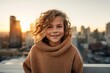 © Leon Waltz - Medium shot portrait photography of a pleased child female that is wearing a cozy sweater against a rooftop bar with a stunning skyline view background .  Generative AI