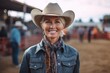 Portrait of smiling cowgirl standing with hand in pocket at rodeo