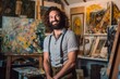 © Eber Braun - Portrait of a jovial 35 year old man in his painting studio, artist and painter, happy and smiling. Generative AI
