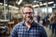 Medium shot portrait photography of a grinning man in his 40s that is wearing a chic cardigan against a busy factory assembly line with workers background .  Generative AI