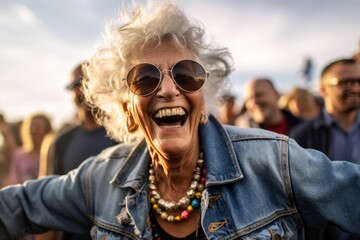 Wall Mural - Cheerful elderly woman in sunglasses at a music festival