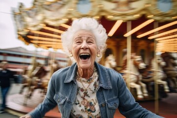 Wall Mural - Medium shot portrait photography of a pleased woman in her 90s that is wearing a denim jacket against an old-fashioned carousel in motion at a city square background .  Generative AI