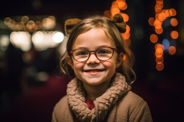 Portrait of a cute little girl with glasses on the background of Christmas lights