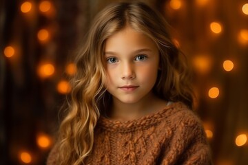 Medium shot portrait photography of a satisfied child female that is wearing a cozy sweater against an abstract background .  Generative AI