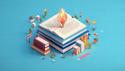 Wall Mural - Education concept. 3d of hat, book on blue background. Generative ai