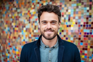 Portrait of handsome man smiling at camera against multicolored wall