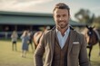 Medium shot portrait photography of a satisfied man in his 30s that is wearing a chic cardigan against a beautiful horse ranch with riders taking lessons background .  Generative AI