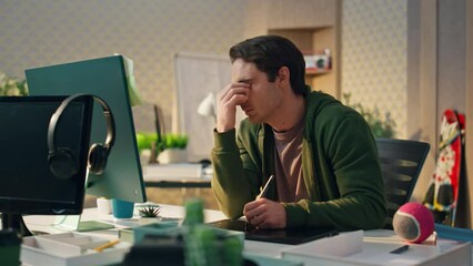 Wall Mural - Tired designer rubbing eyes at computer work place. Overworked creator working