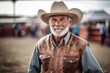 Portrait of a senior cowboy standing in a rodeo, looking at camera.