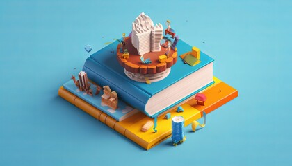 Wall Mural - Education concept. 3d of hat, book on blue background. Generative ai