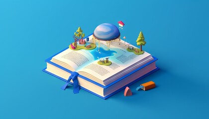 Wall Mural - Education concept. 3d of hat, book on blue background. Generative ai