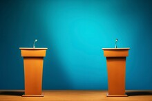 Empowering Democracy, A Set With Two Empty Lecterns Awaits Passionate Debates In The Political Arena. AI Generated
