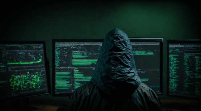 A hacker wearing a hoodie, seen from the back, stands in front of three green colored code screens. Anonymous presence is evident, illustration of Generative AI.