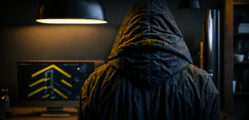 Mysterious man wearing hoodie and looking to the computer screen, an illustration of Generative AI.