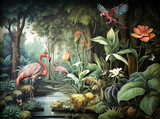wallpaper jungle and leaves tropical forest mural flamingo and birds old drawing vintage background - Generative AI