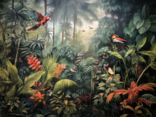 Wallpaper Jungle And Leaves Tropical Forest Mural Parrot And Birds Butterflies Old Drawing Vintage Background - Generative AI