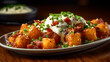 A platter of loaded tater tots, topped with melted cheese, crispy bacon bits, green onions, and a drizzle of ranch dressing, generative ai