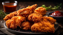 A Platter Of Crispy Fried Chicken Tenders, With A Crunchy Exterior And Tender, Juicy Meat Inside, Served With A Side Of Tangy Barbecue Sauce, Generative Ai