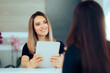 © nicoletaionescu - Receptionist Holding Tablet PC Welcoming a New Client. Front desk officer clerk greeting guests in a hotel reception