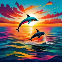An Abstract Varient Image Of Dolphins Jumping Into The Sea