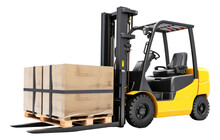 The Forklift Truck Is Lifting A Pallet With Cardboard Boxes Isolated. Generative AI.