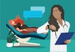 Pregnant woman visits her doctor, she is smiling and happy as everything is okay. Vector illustration
