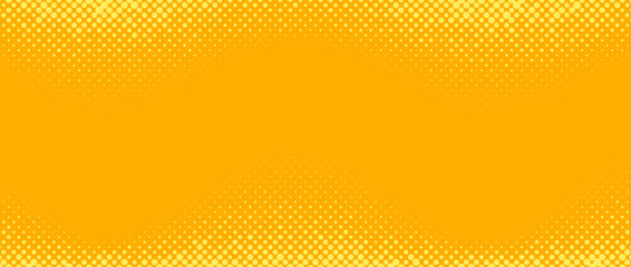 Poster - Yellow orange halftone background. Retro comic gradient background. Square pixilated dots cartoon texture. Pop art faded gradient pattern. Vector backdrop.