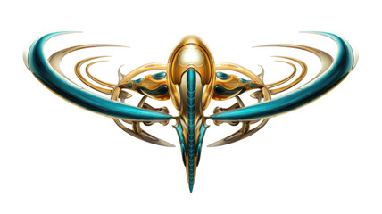 Poster - alien artifact in gold and teal abstract colorful shape, 3d render style, isolated on a transparent 