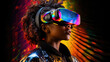 © Gary - A woman wearing glowing, colorful futuristic VR goggles by generative AI