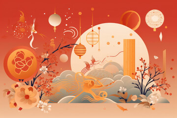  Happy chinese new year 2024 , the dragon zodiac and flower with gold style on color background, generative AI